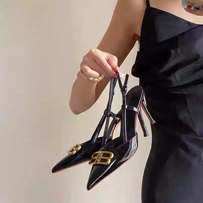 Elegant design black high heels cut men's BB buckle pointed head thin heel bag head sandals royal sister sexy celebrity style