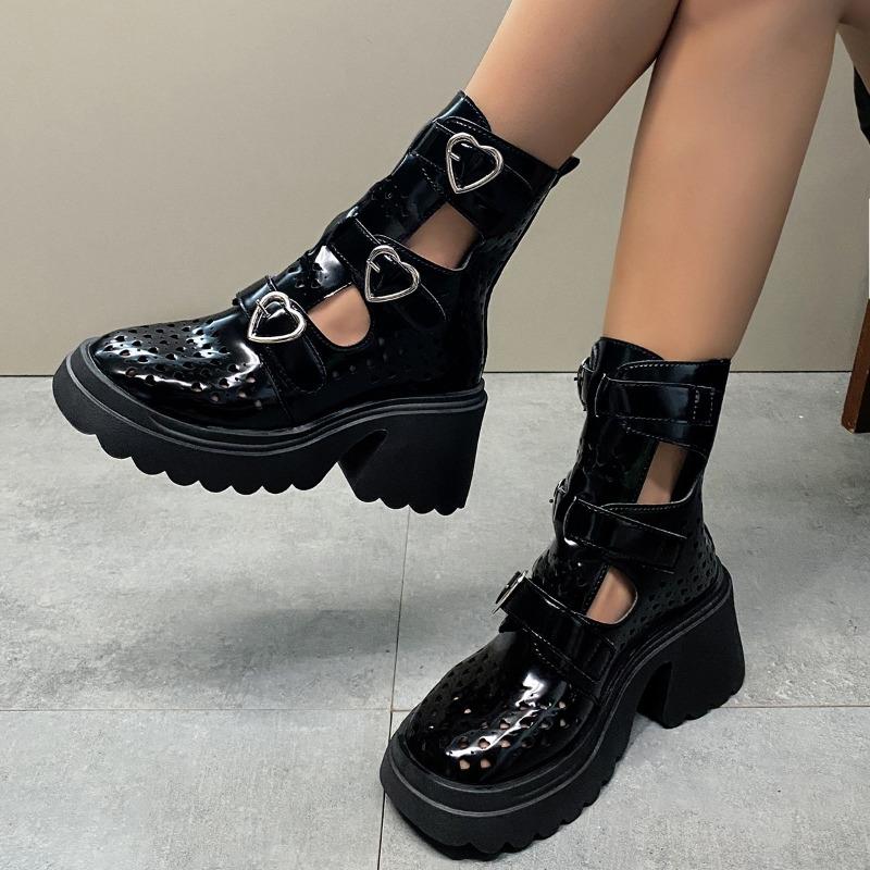 Fashion Metal Buckle Decoration  Boots Women's Thick Heel Thick Bottom Hollow Breathable Women's Shoes New Short Cool Boots