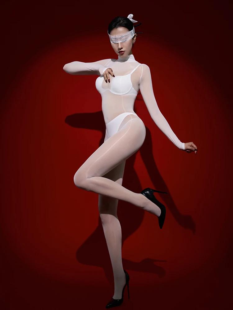 Sexy Maid Tights Glossy Elastic Bodysuit Sheer See Through Rompers One-Piece Jumpsuits Leotard Cosplay Sex Game Sm Toys Ootd