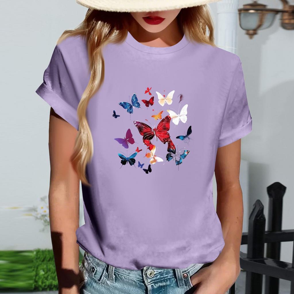Women's Fashionable Round Neck Casual Retro Print Short Sleeved T-shirt Top