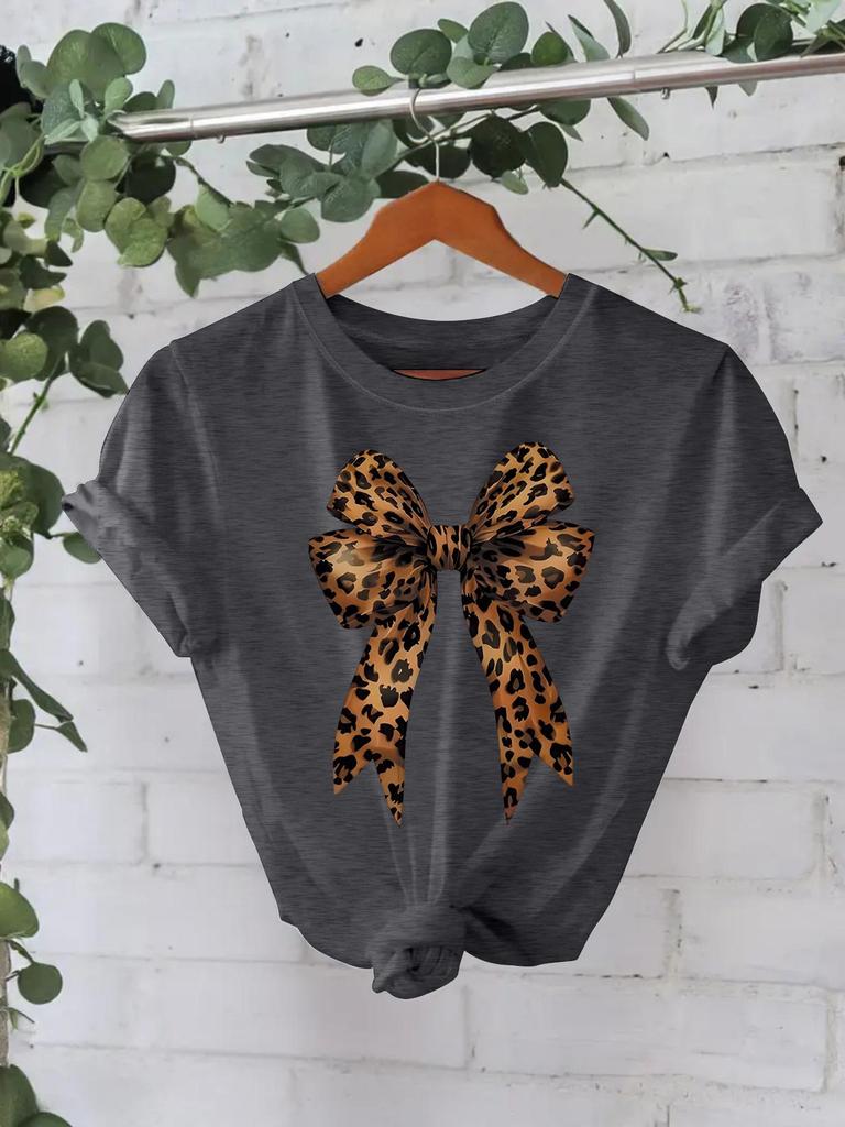 European and American High-End Leopard Print Bow-Knot T-Shirt: Women's Round Neck, Loose Short Sleeve