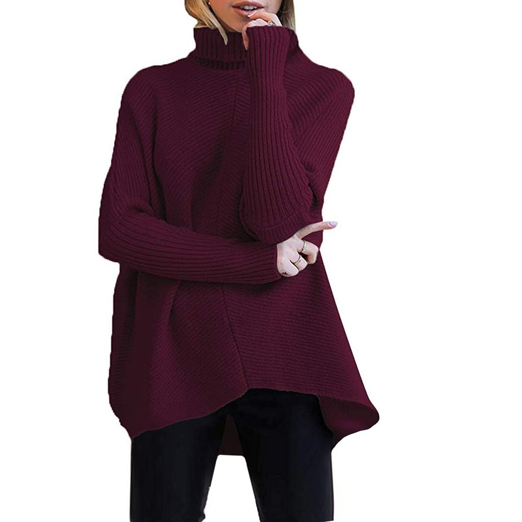 Damen-Pullover, lockerer, einfarbiger, unregelmäßiger Saum, Stehkragen, langärmliger Strickpullover