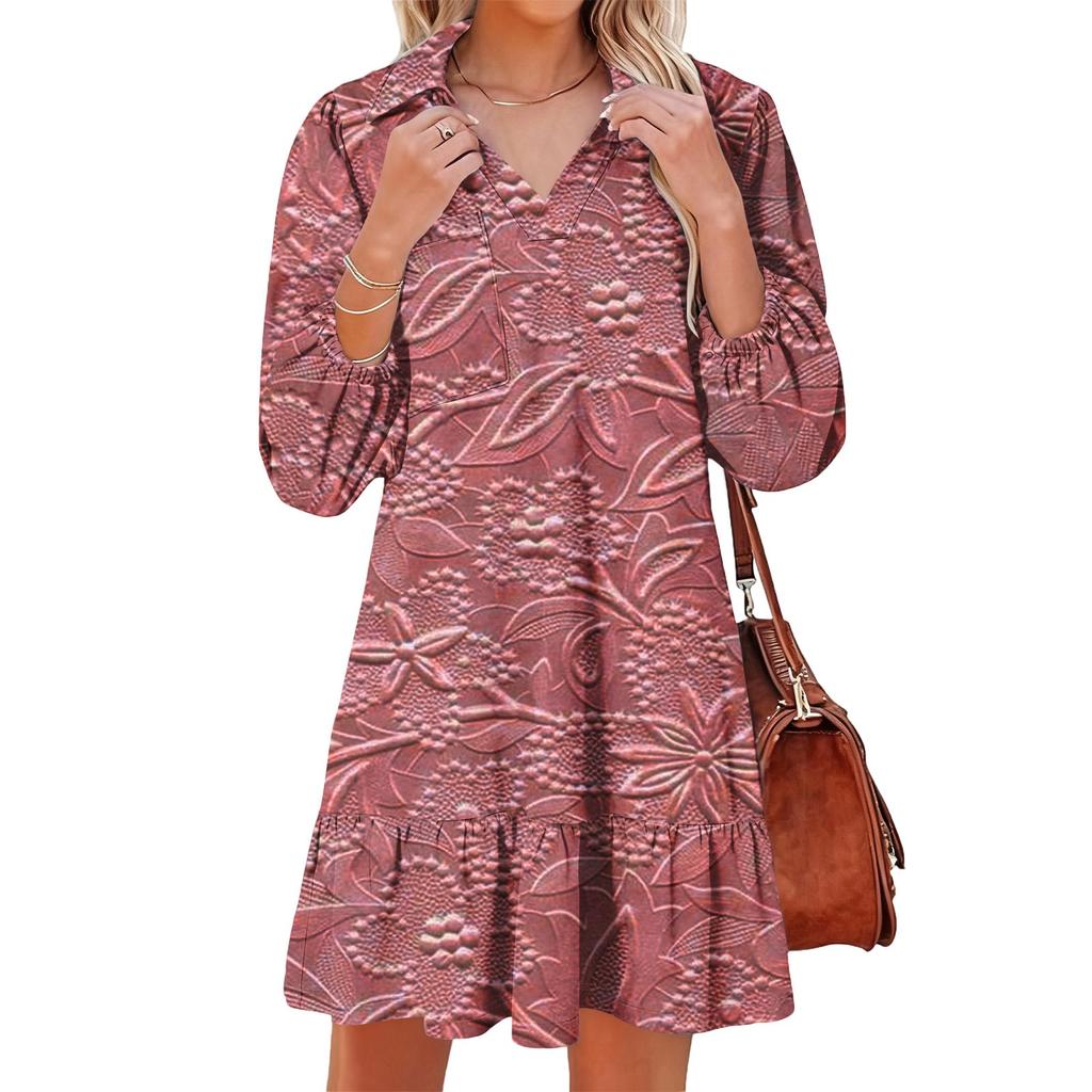 Women's Fashion Elegant Autmn And Winter Long Sleeve V,Neck Christmas Print Dress