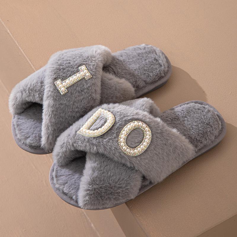 IDO Women's Furry Pearl Wedding Bachelorette Plush Slippers