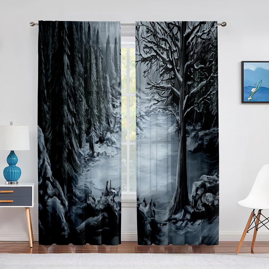 Winterwald-Berglandschaft mit schneebedeckten Bäumen, transparente Voile-Vorhänge für Wohnzimmer, Schlafzimmer, Tüllvorhänge, Fensterbehandlungen