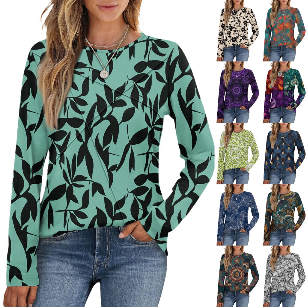 Fashion Women's Long Sleeve Round Neck Casual  Pleated Retro Floral Loose Top