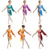 Costum de dans strălucitor cu gradient și strasuri pentru copii, top asimetric cu un umăr, mânecă lungă bufantă, cu aplicație, fustă drapată pentru spectacol de recital