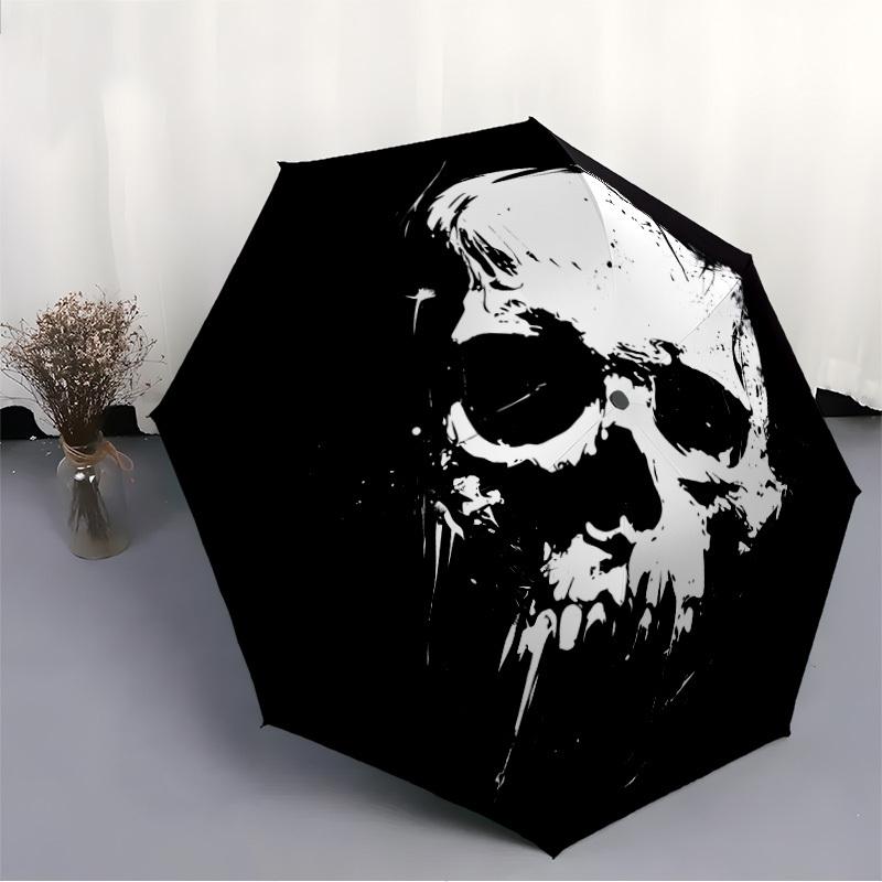 1pc Skull Art Automatic Open/close Folding Compact Umbrella, 8-Rib Sturdy Canopy, Lightweight Portable, Everyday Use, Gift, Outdoor Umbrella, Travel E