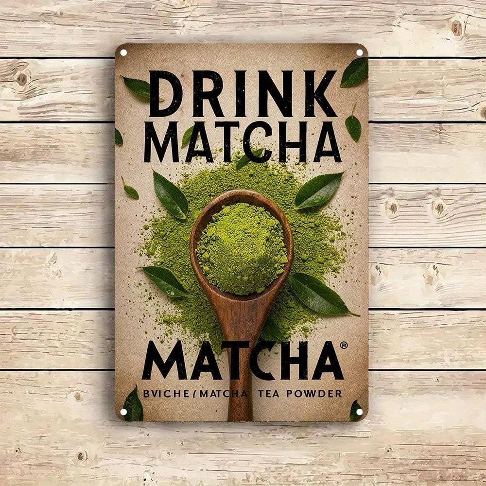 1pc 8x12 Inch Drink Matcha Aluminum Wall Art Green Tea Powder Sign Rustic Home Decor Waterproof