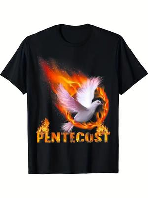 Klassische Passform Schwarzes T-Shirt Freizeitkleidung T-Shirt Pfingsten Tauben Feuerflamme Heilig