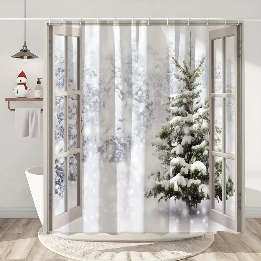 Happy Christmas Holiday Shower Curtain Christmas Tree Cedar Holiday Gift Polyester Home Shower Curtain Bathroom Decor with Hooks