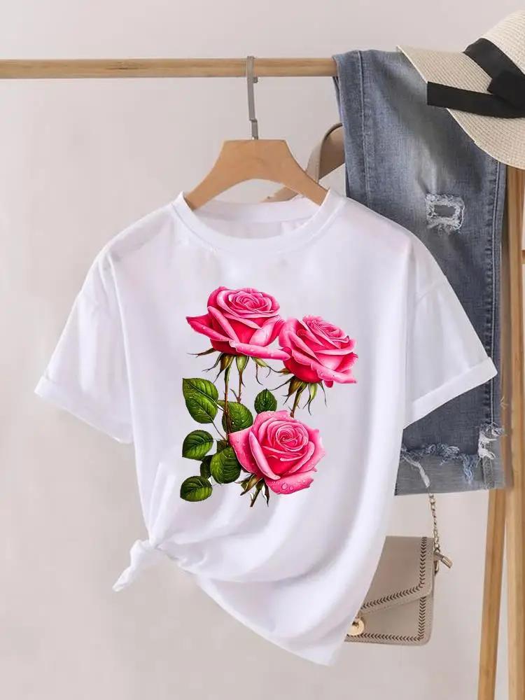 Short Sleeve Women Print Summer TShirt Fashion Clothing Graphic T-shirts Watercolor Flower Cute Clothes Lady Casual Tee