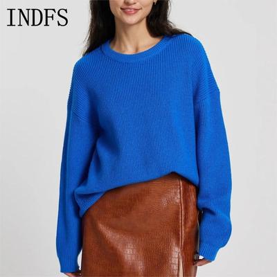 INDFS Damenmode Lässig Herbst Winter Einfarbig Druck Langarm O-Ausschnitt Pullover