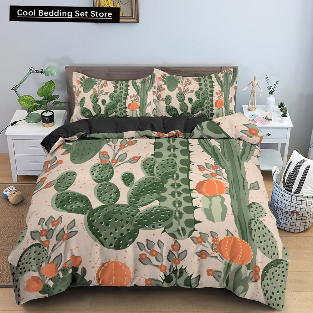 Cactus King Queen Duvet Cover Succulents Bedding Set for Kids Teens Adults Green Botanical Flowers 2/3pcs Polyester Quilt Cover