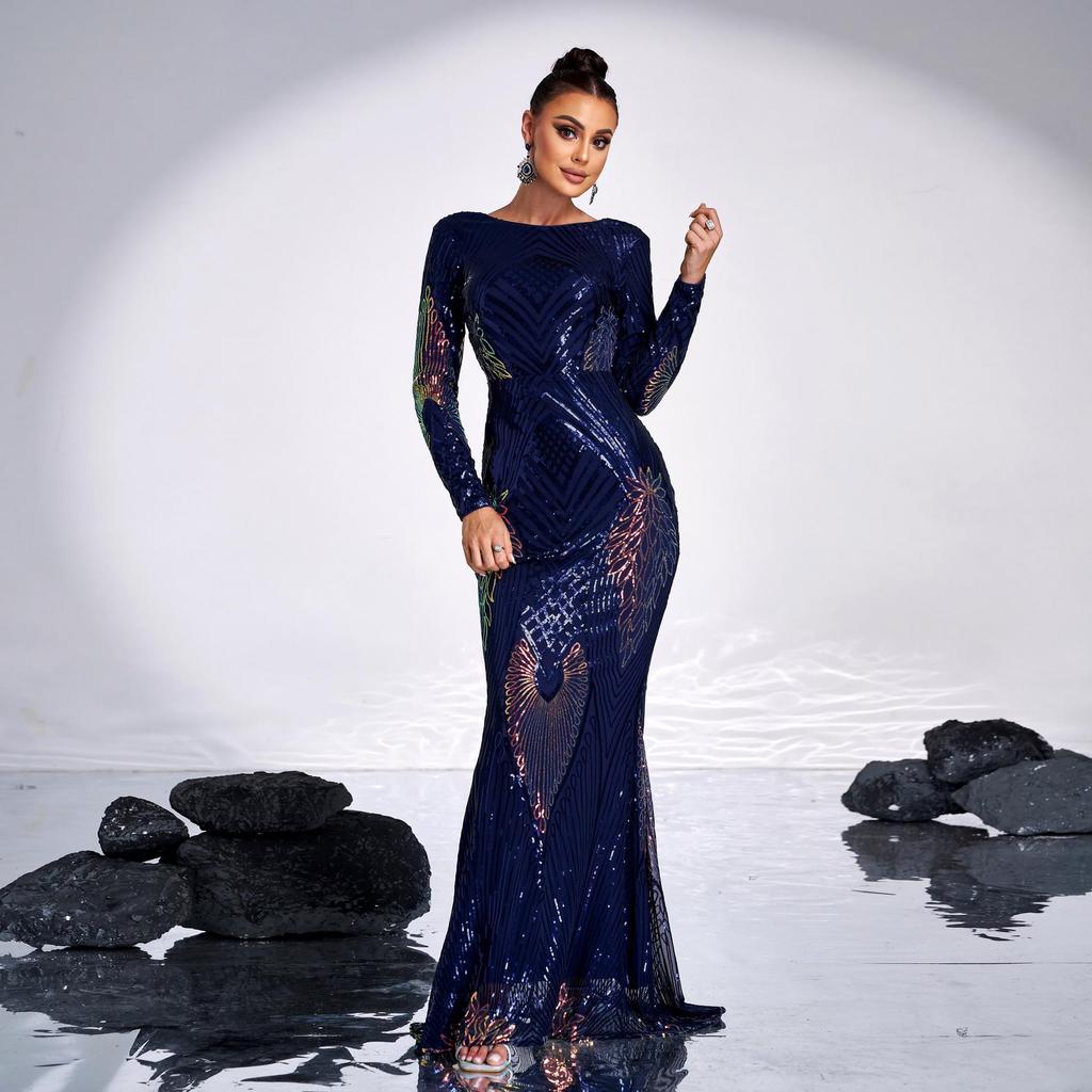Elegant Long-Sleeve Sequin Evening Dress with Round Neck for Bridesmaids