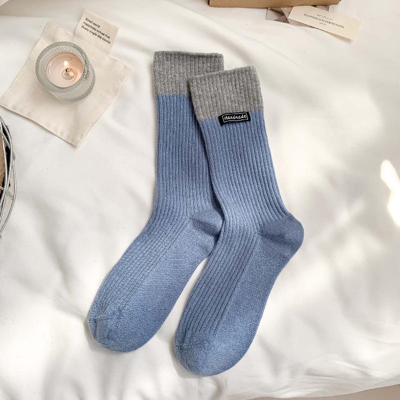 Wool Socks with Children's Multi-color Letter Fabric Labels, Mid-calf Socks, Vertical Stripes, Chunky Socks