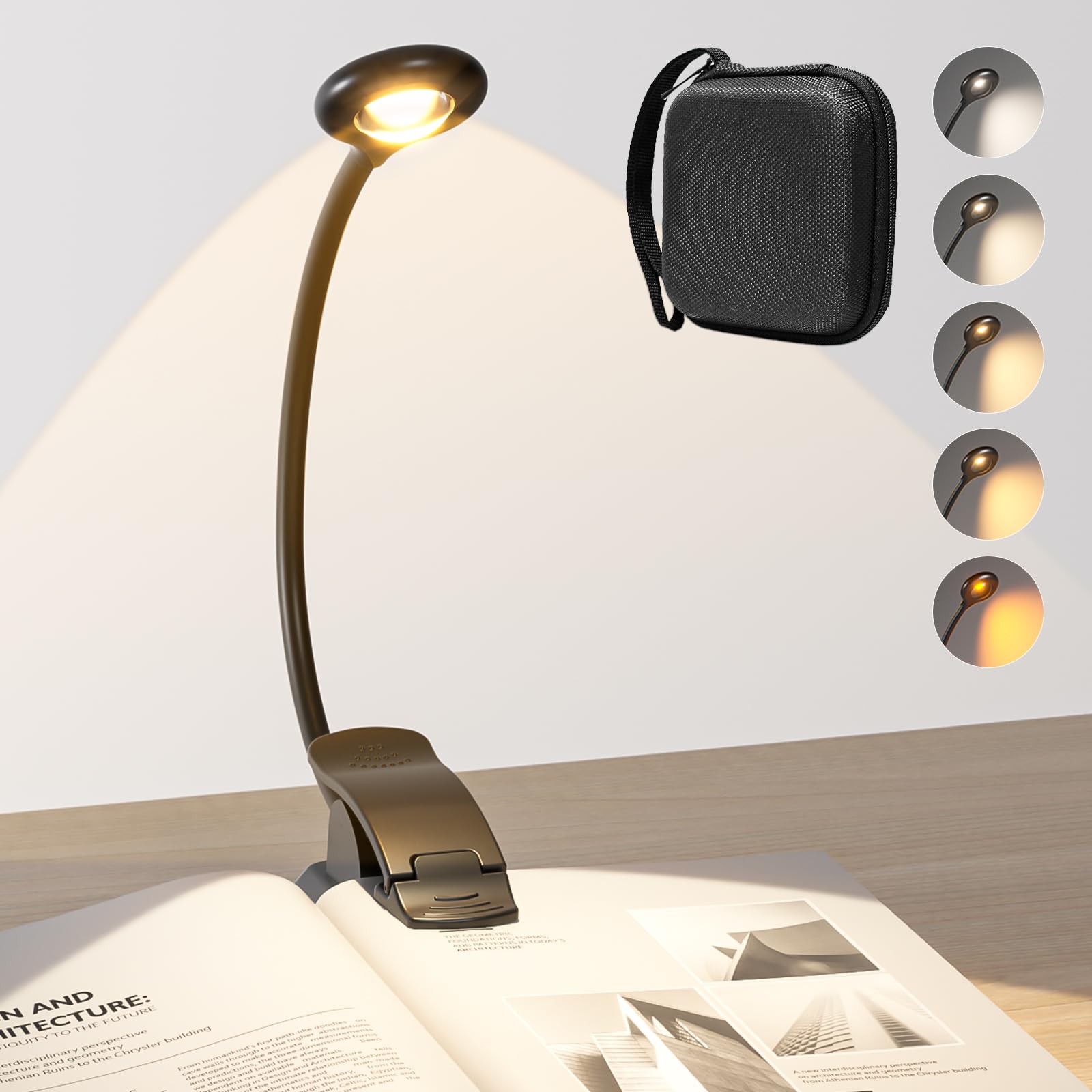 

Hensam Rechargeable LED Book Light [1200mAh, 5 Color Temperature Settings, Stepless Dimming, Storage Pouch Included] Eye-Friendly, Bedside Light,