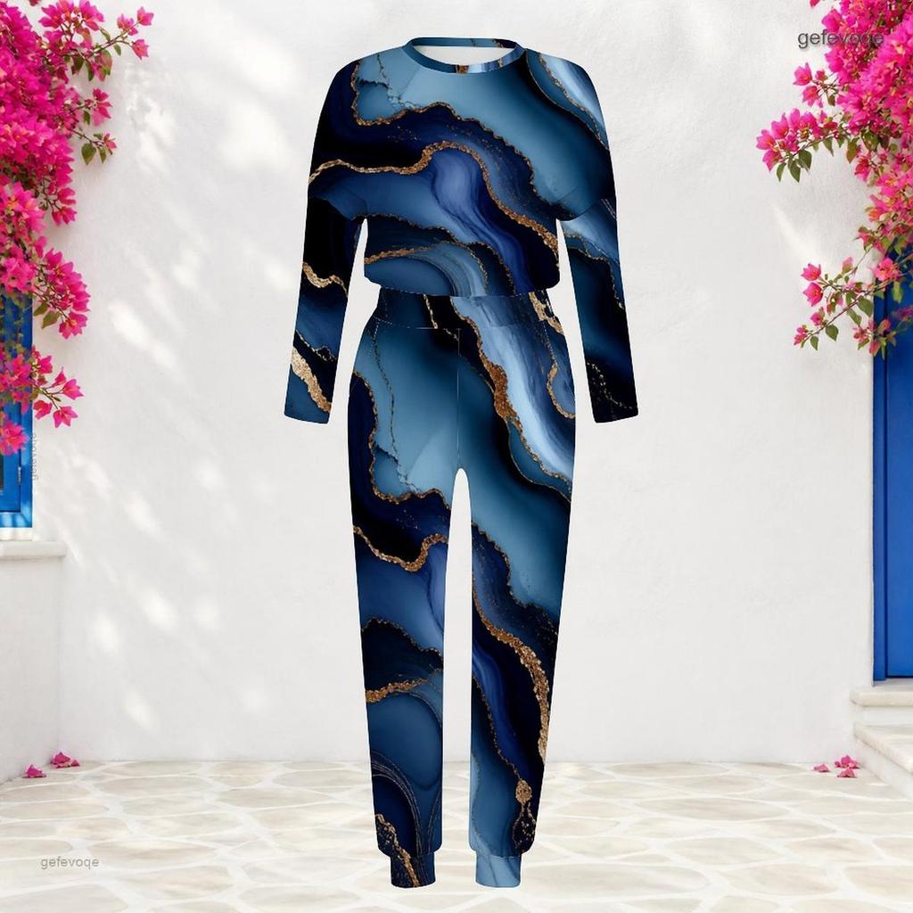 Women Plus Size Printed Turquoise Blue Round Neck Long Sleeve Top Cuffed Pants Two Piece Set With Pockets