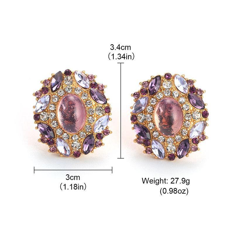 

French purple crystal niche oval earclip light luxury diamond-set geometric literary earrings retro temperament design earrings