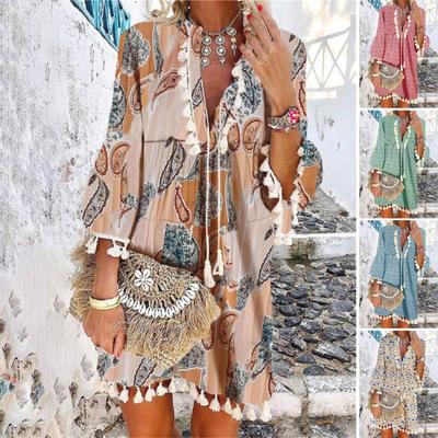 Women Bohemian Dress 3/4 Sleeve Paisley Print Tassels Mini Loose Dress for Spring/Summer