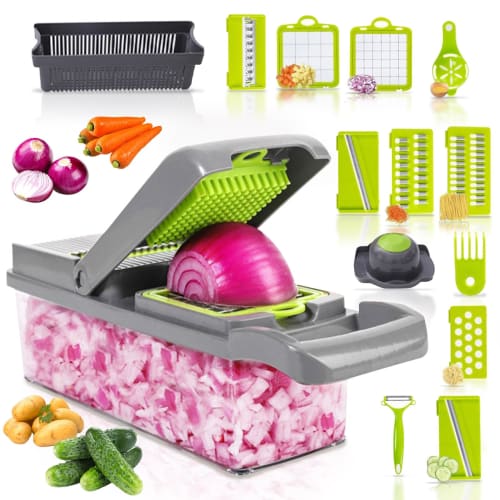 Multi-function 8-in-1 Julienne Slicer with Adjustable Thickness, for Shredding Cabbage, Radish, and Onions, with a Toner Basket, Hand Guard, and Conta
