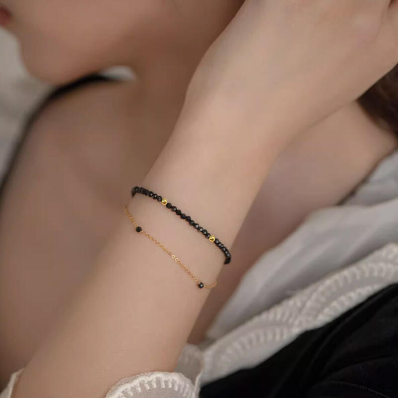 Jacques Schwarzer Spinell Perlen Kristall Edelstein Goldkugel Armband