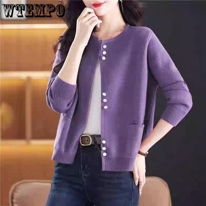 Round-neck Sweater Cardigan for Women Loose Long-sleeved Knitted Cardigan Coat Solid-color Short Knitted Coat