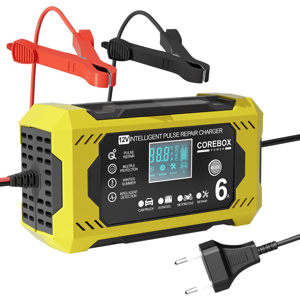 

12V/6A Intelligent Pulse Repair Battery Charging High Power For Motorcycle SUV Truck Smart Car Battery Charger Multifunctional LED Display EU plug
