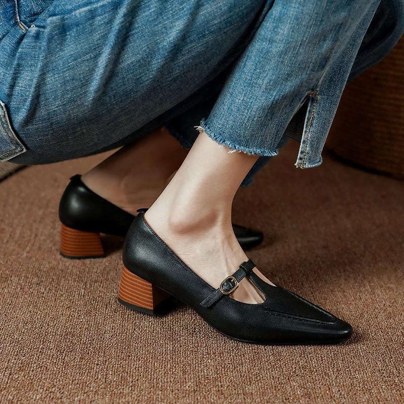 2024 Retro T-tied Women Pumps Spring Summer Genuine Leather Mary Janes Square Toe Thick Heels Office Lady Working Shoes Woman