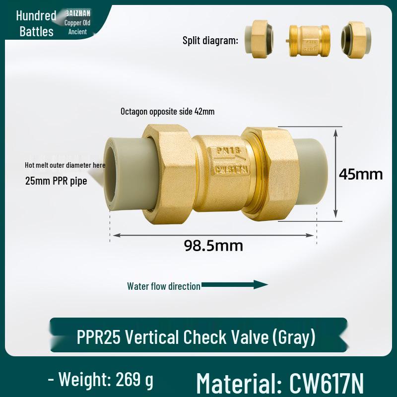 6/4 PPR Hot Melt Full Copper Check Valve, Horizontal/Vertical, 1-Inch Double Union, One-Way Tap Water Pipe Valve.