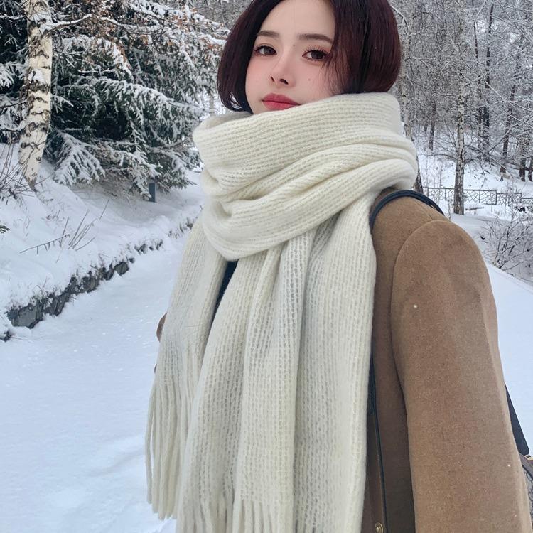 Korean Style Knitted Woolen Scarf for Women Winter New Solid Color White Student Long Warm Scarf High End