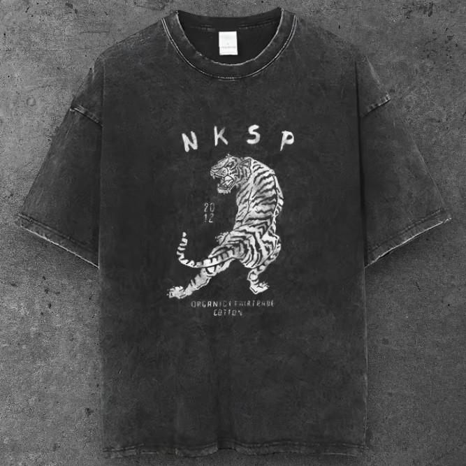 Unisex Retro Roaring Tiger Graphic T Shirt Washed Black Grunge Aesthetic S-2XL S разноцветный