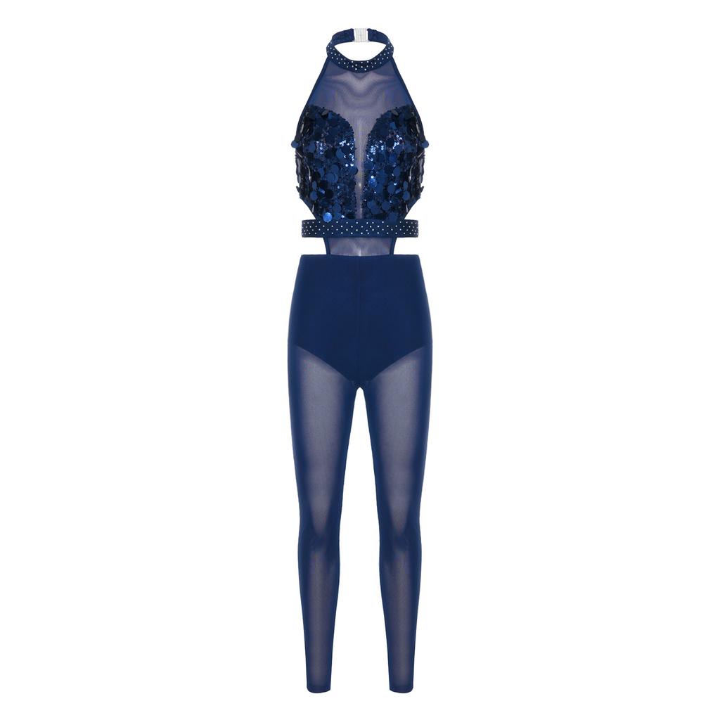 Women Gymnastics Unitard Halter Backless Sequin Bodice Hollow Out Waist Sheer Mesh Leggings Built-in Briefs Rompers Jumpsuit for Competition Stage