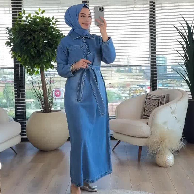 2024 Autumn Mid-Length Denim Dress: Women's Solid Color Turn-Down Collar Casua