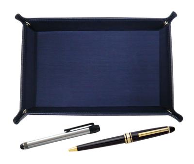 Japanese Grained Cowhide Pen Tray Blue Metal Touch Bar Silver and Metal Ring Cap Slide Type Retro Pen Set TRAL-ALST-8838B