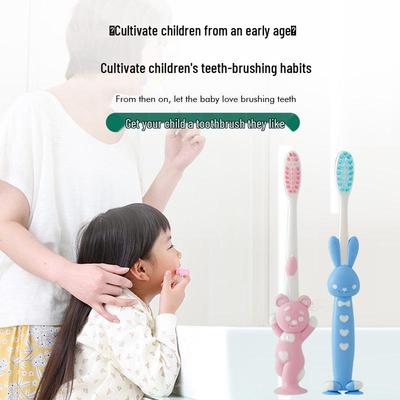 Set of 4 Cartoon Bear and Rabbit Children's Soft Toothbrushes with Suction Cup Base