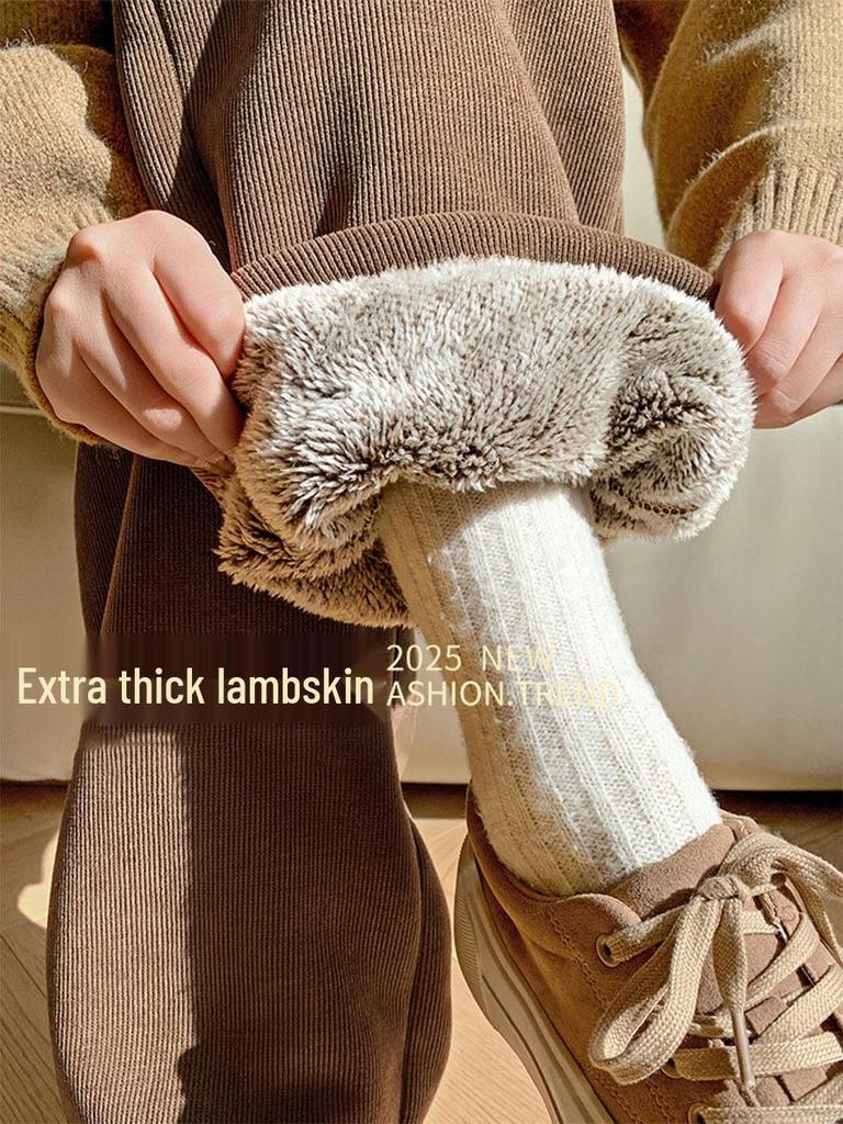 Women's Lambswool Wide-Leg Corduroy Pants, Winter 2025 New Style, Plus Velvet, Thickened, Warm, Casual Cotton Pants