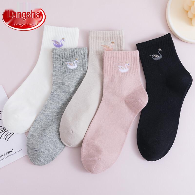 Langsha Women s Pure Cotton Japanese Style Mid-Calf Socks (5 Pairs) One Size (EU 35-40)