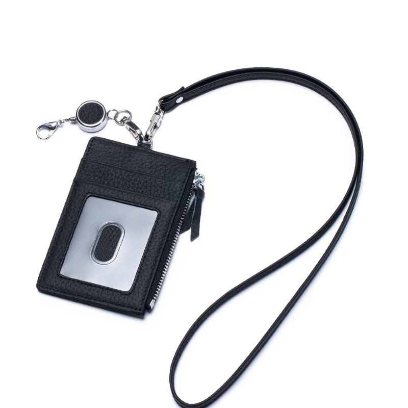 

New ID card bag, card cover, genuine leather, Japanese easy-to-pull buckle lanyard card bag, multi-functional neck ID cover, female. чёрный