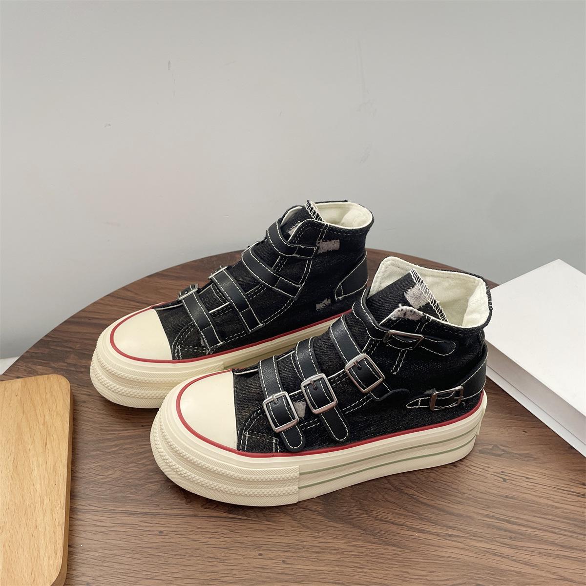 

Женские высокие парусиновые туфли на липучках с толстой подошвой в стиле ретро в стиле Гонконга 2024 года 35