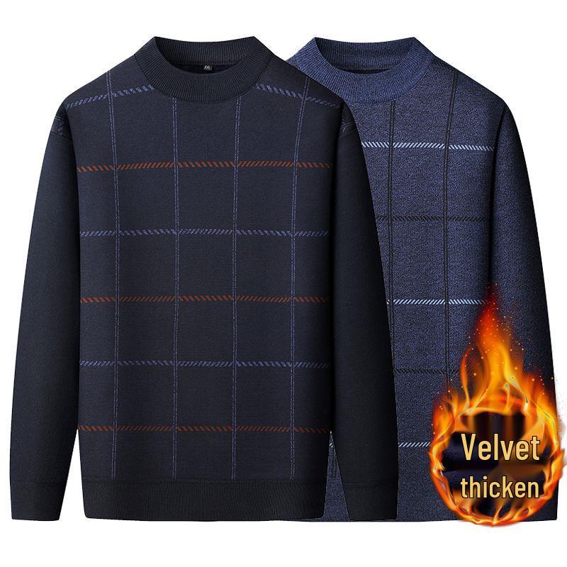 Dad's Warm Plaid Sweater for Middle-Aged & Elderly Men 50s 60s - Plus Velvet, Thick, Round Neck, Autumn & Winter Base Layer.