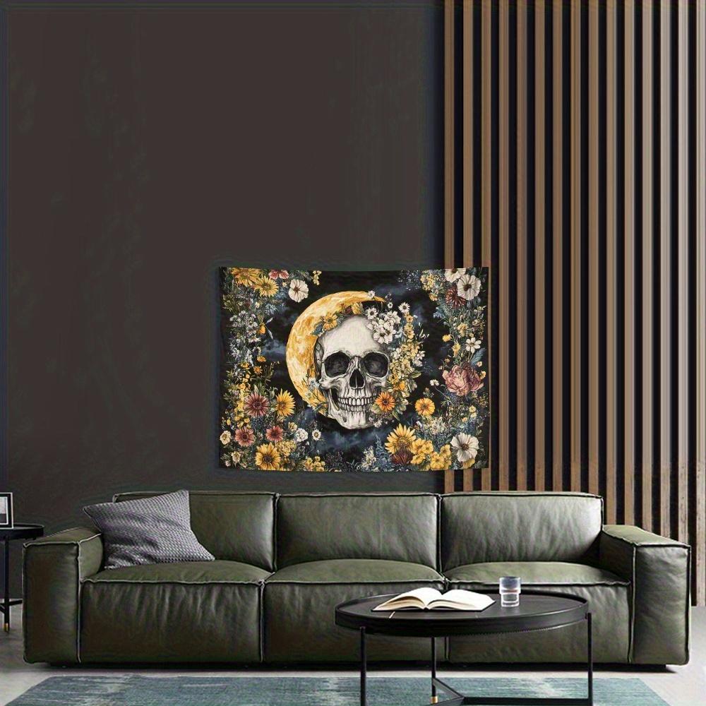 Skull and Flowers Tapestry, Crescent Moon with Floral Wreath, Gothic Boho Wall Art for Living Room Bedroom Halloween Decor