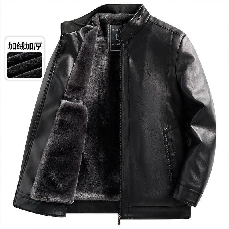 Autumn and winter velvet thickened leather jacket middle-aged and elderly men's stand-up collar casual leather jacket warm winter dad leather jacket