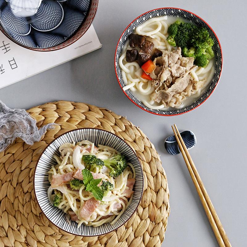 Japanese 6 Inch Noodle Bowl Ceramic Underglaze High Foot Salad Bowl for Home Ramen