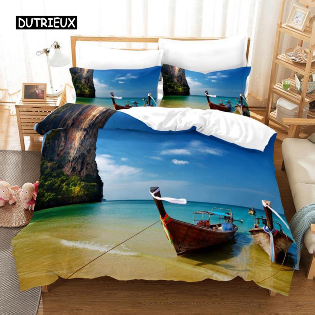Ocean Duvet Cover Set Summer Beach Decor Hawaiian Vacation Style Bedding Set Palm Tree Tropical Nature Sea Polyester Quilt Cover