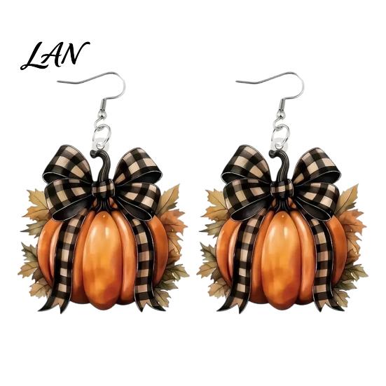 Autumn Pumpkin Earrings 1 Pair for Women, Acrylic Dangle Drop Retro Plaid Bow with Bow, Halloween Fall Jewelry Holiday Party Theme A