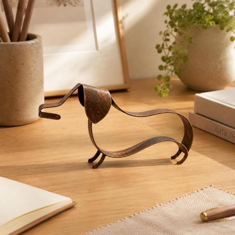 Open-Frame Wiener Dog Sculpture In Metal with a Mottled Aged-Look Finish for Indoor Cabinets, Shelves, and Desktops