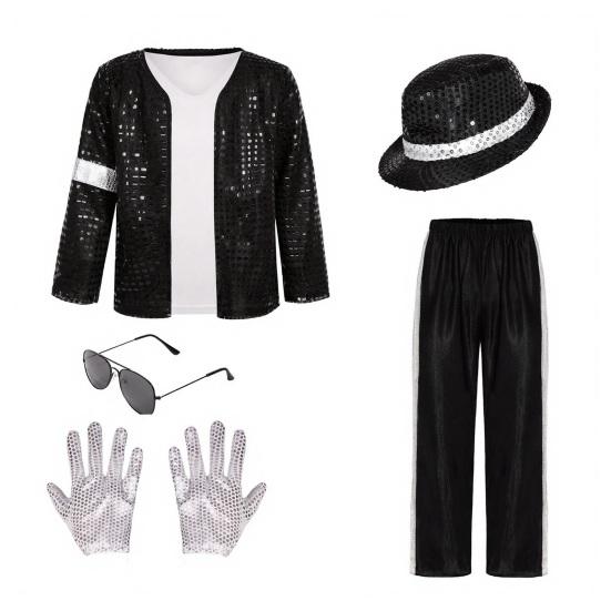 Kids 80s 90s Performance Costume, Black Sequin Jacket, Top, Trousers, Hat, Glasses, Gloves, 7 Piece Dance Party Outfits for Halloween, Stage
