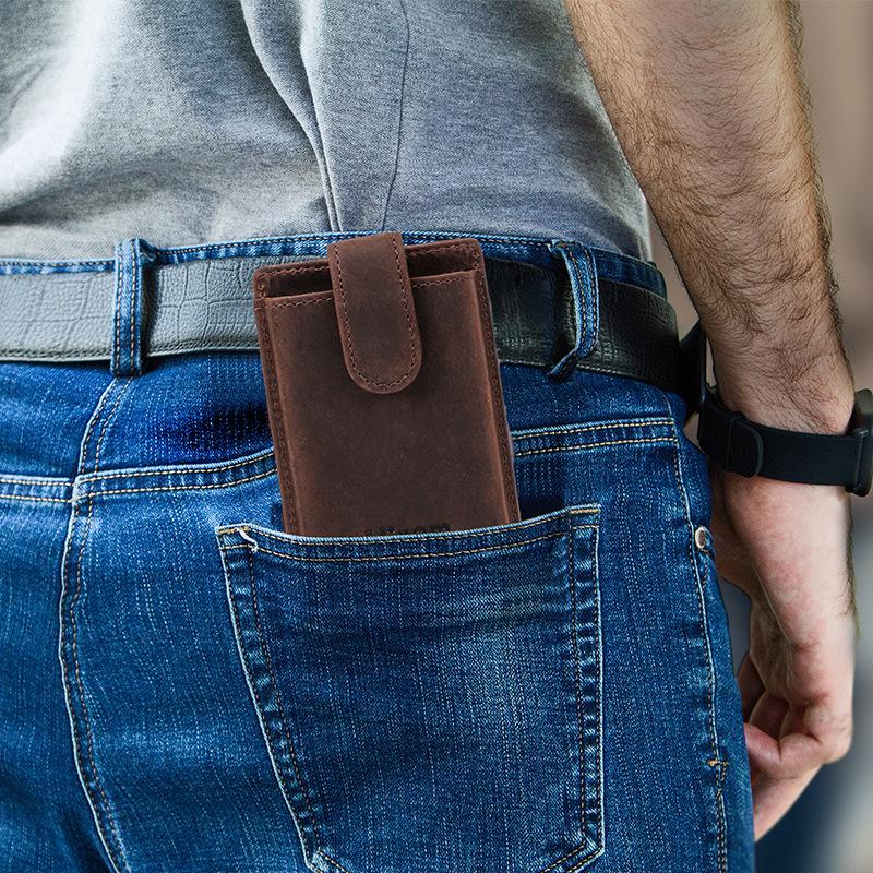 Crazy Horse Leather Anti-Theft Card Holder with Automatic Aluminum Alloy Slot and Zippered Coin Purse