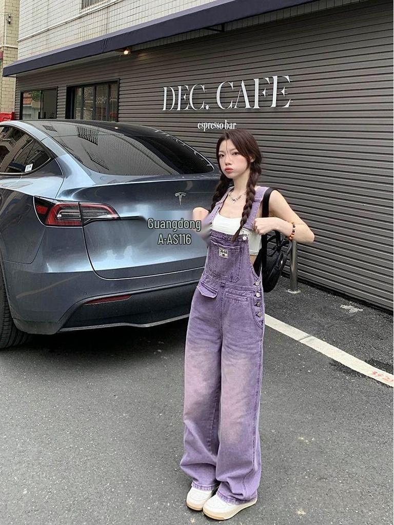 Women's Retro Purple High-Waist Denim Overalls - Slimming, Loose, Wide-Leg Jumpsuit for Spring & Summer